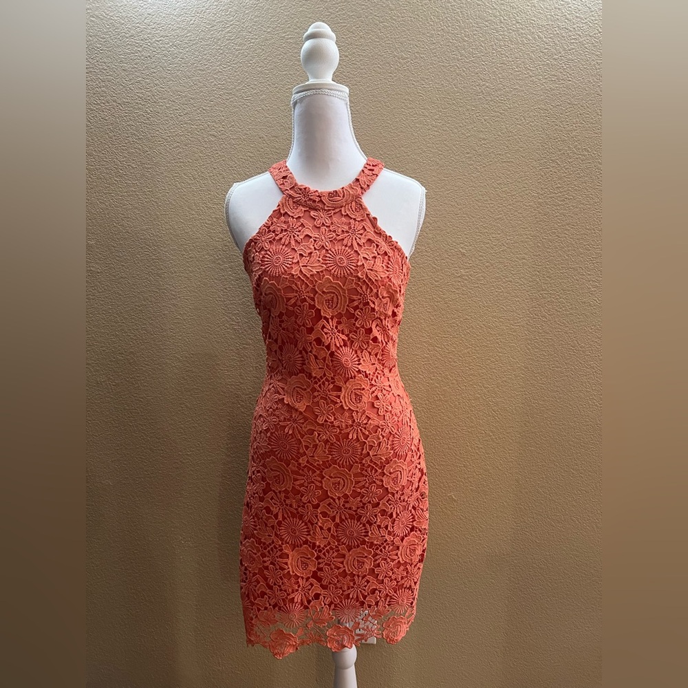 Coral Floral Lace Midi Dress